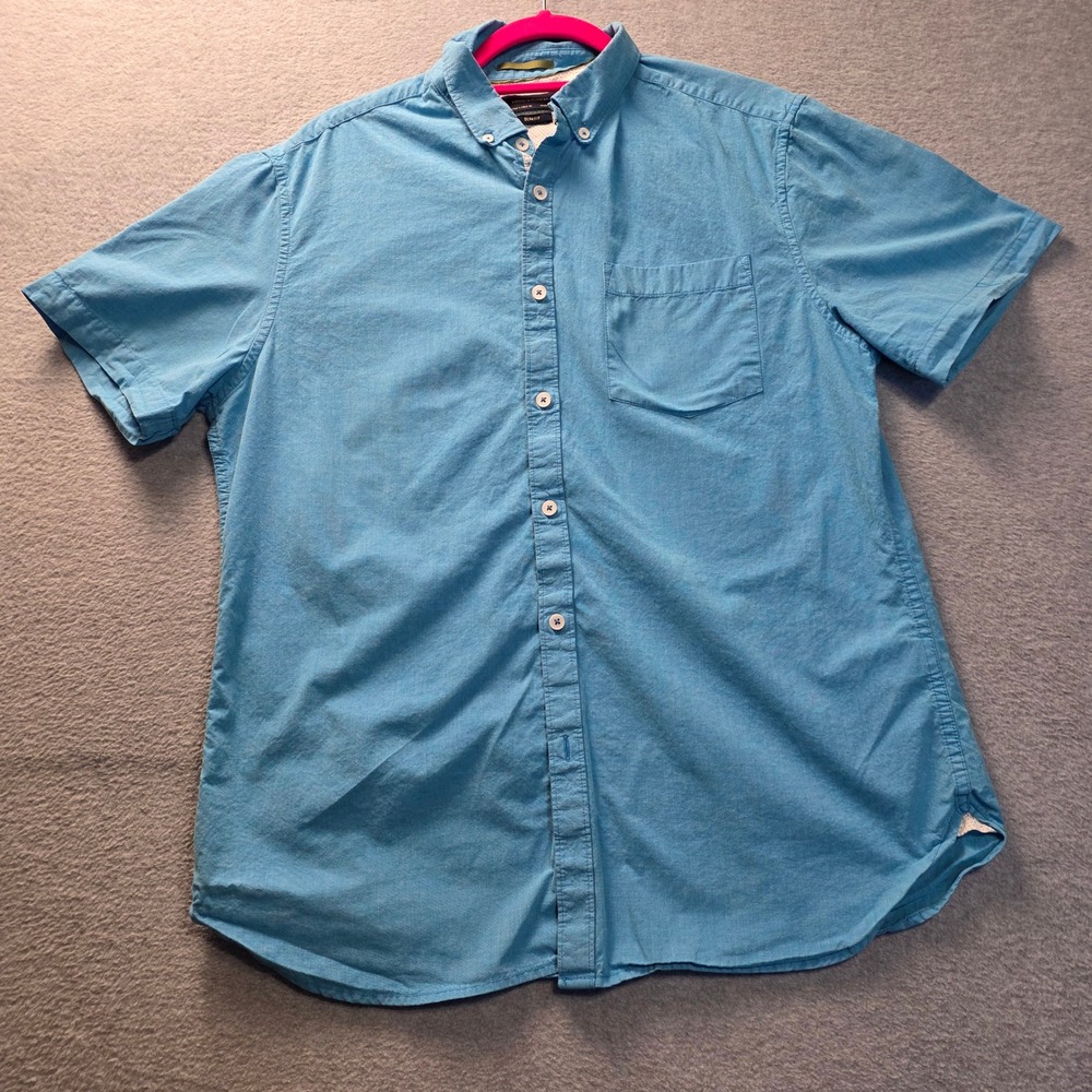 Denim &‎ Flower Mens Large Slim Fit Blue Short Sleeve Button Down Shirt Cotton